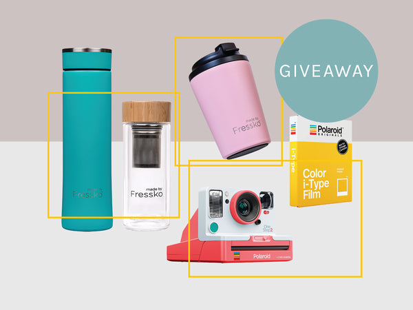 Fressko glass flask, stainless steel flask and coffee cup, polaroid